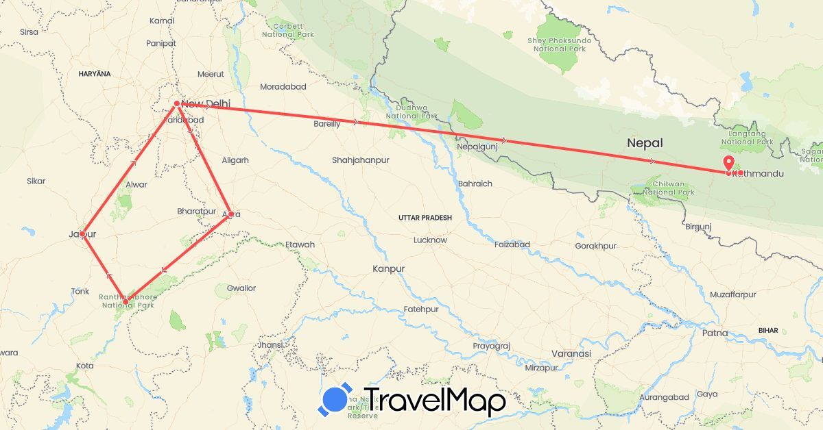 TravelMap itinerary: plane, hiking in India, Nepal (Asia)